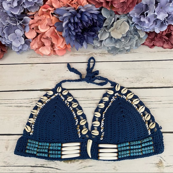 Boho Handmade Blue Shell Crochet Bikini with Beads - Picture 8 of 16